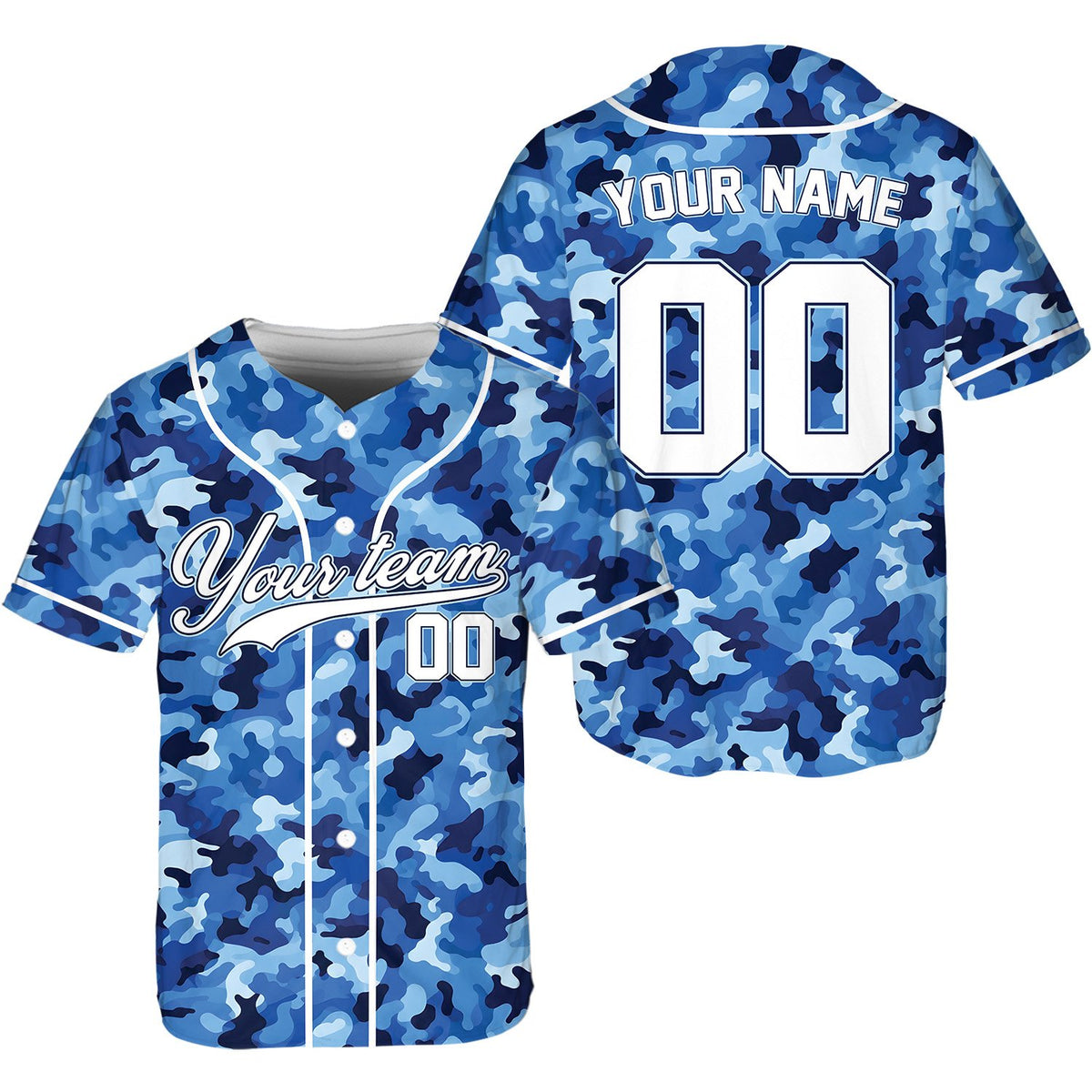 Blue camo baseball jersey personalized front view