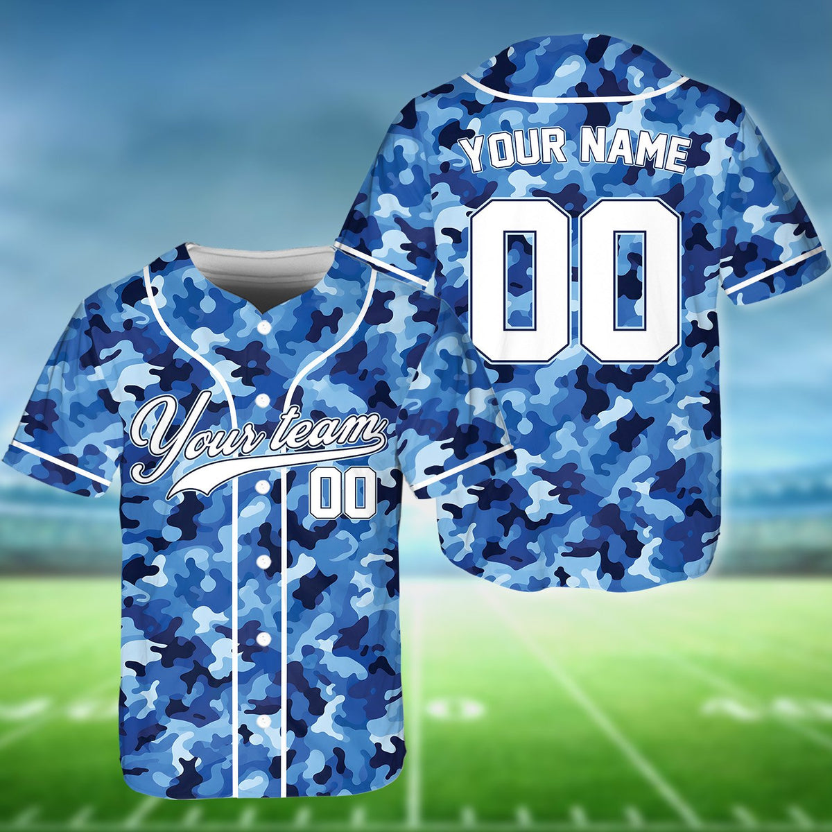Another blue camo personalized baseball jersey front view