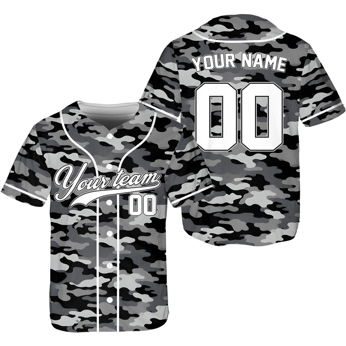 Back view of personalized green camo baseball jersey showing custom name and number