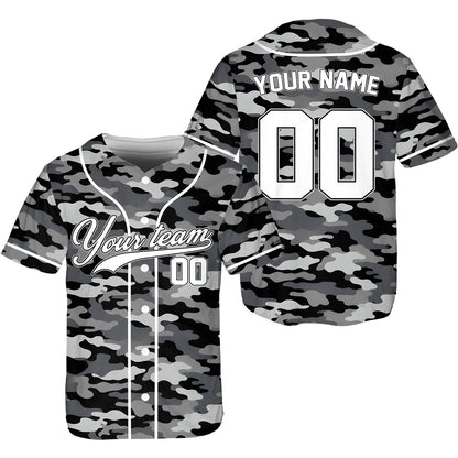 Back view of personalized green camo baseball jersey showing custom name and number
