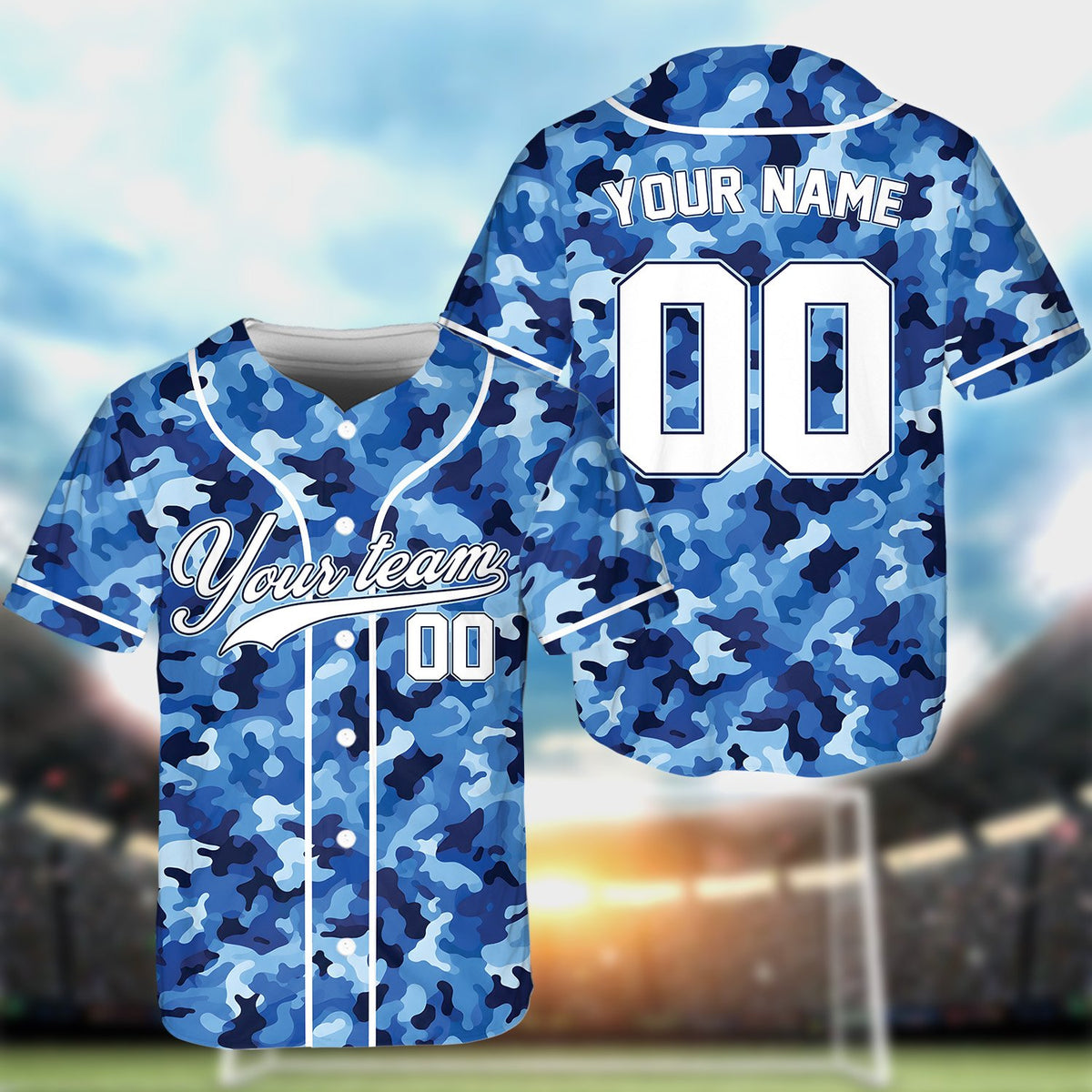 Front view of green camo baseball jersey with custom script