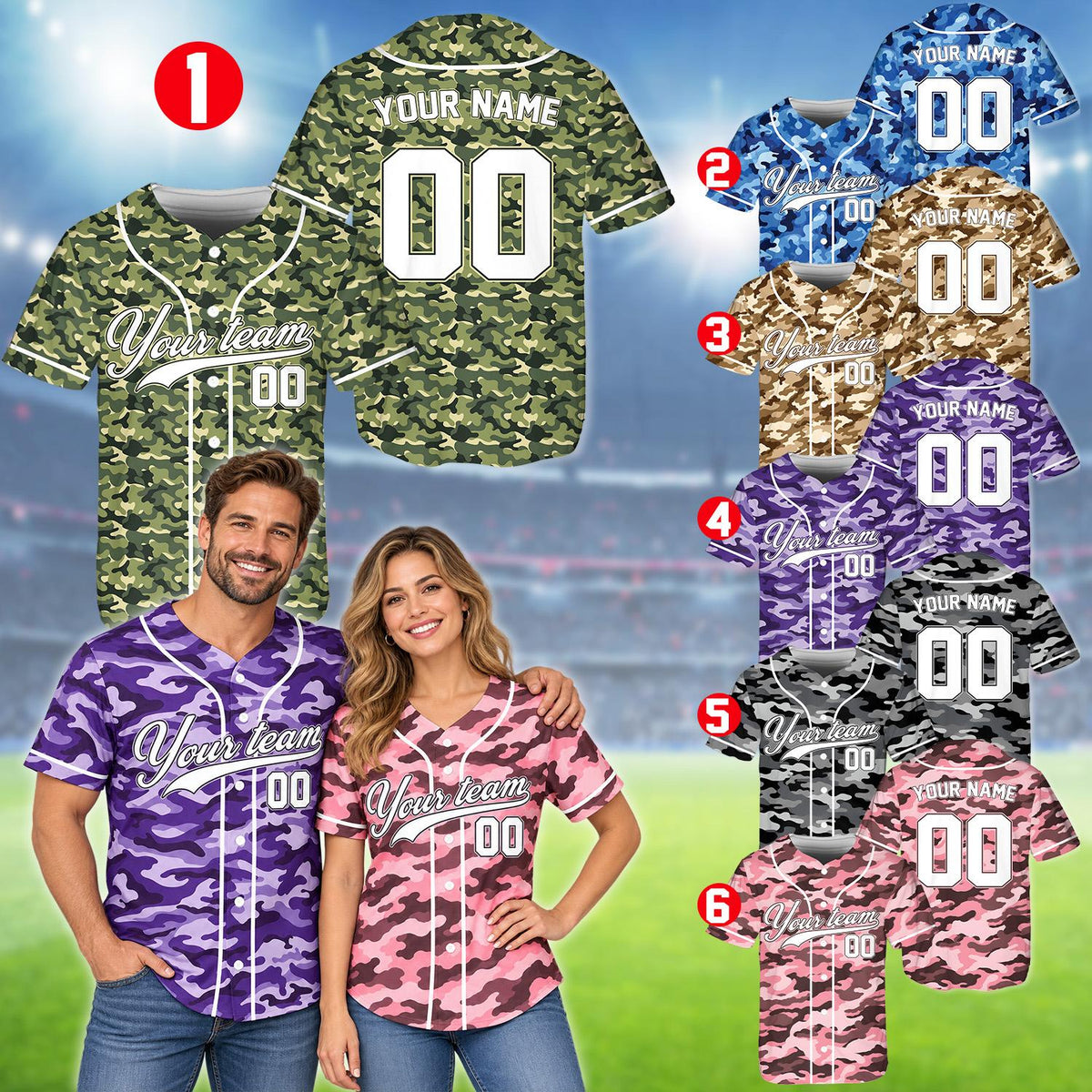 Second lifestyle shot of personalized green camo baseball jersey