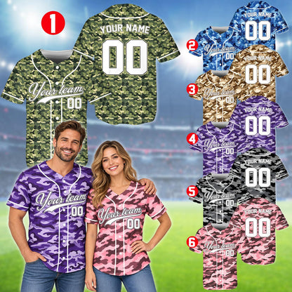 Second lifestyle shot of personalized green camo baseball jersey