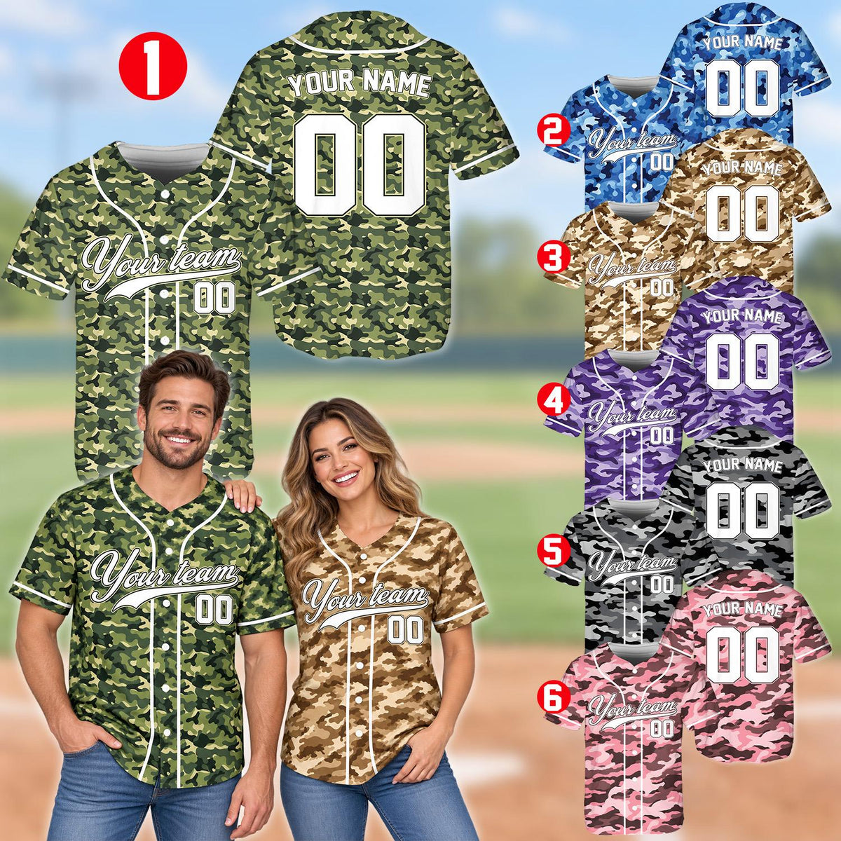 Lifestyle shot of person wearing custom green camo baseball jersey outdoors