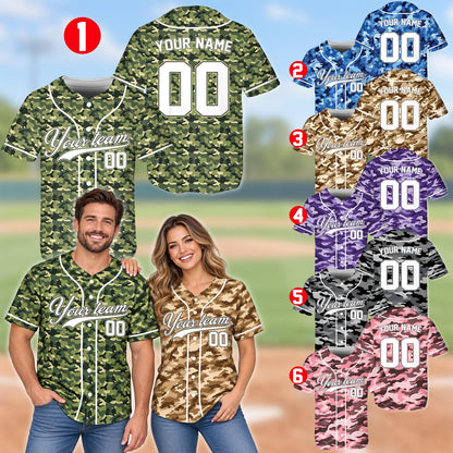 Lifestyle shot of person wearing custom green camo baseball jersey outdoors