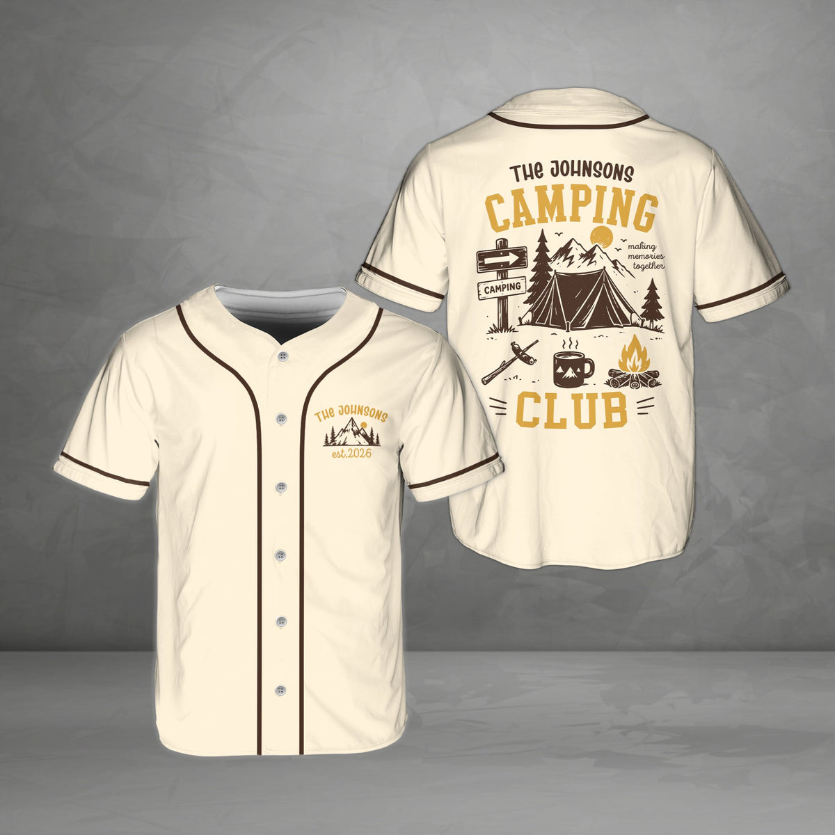Front view of the beige camping themed baseball jersey