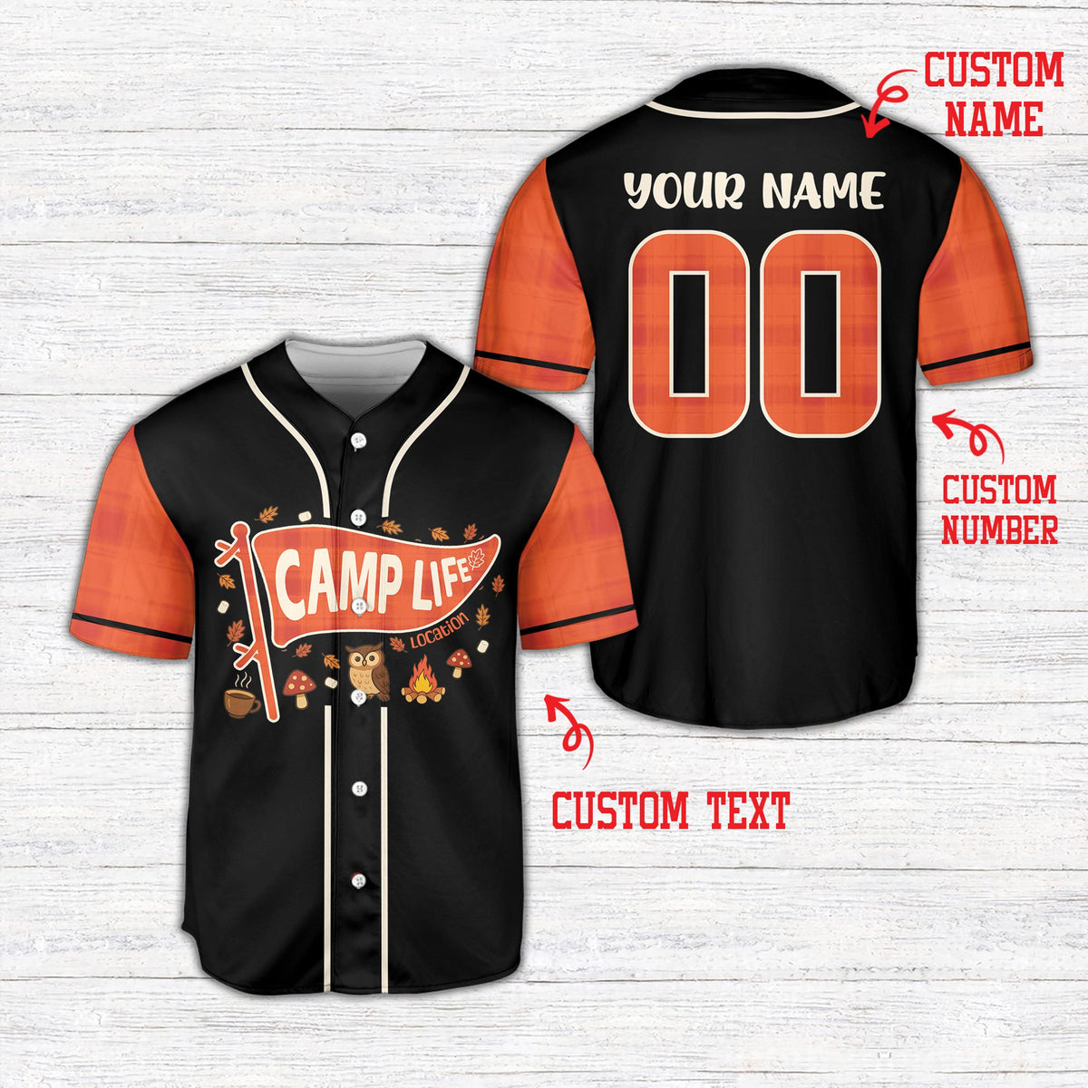 Personalized black camping baseball jersey with custom name and number, main view