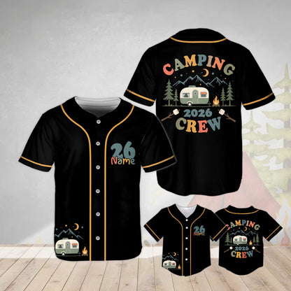 Personalized black camping baseball jersey with custom name and number, front view