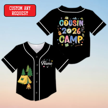 Black custom text camping baseball jersey, front view