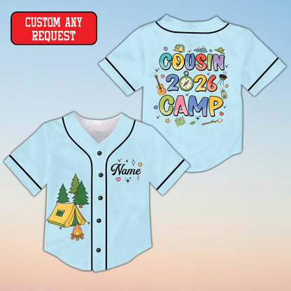 Light blue custom text baseball jersey with outdoor design, front view