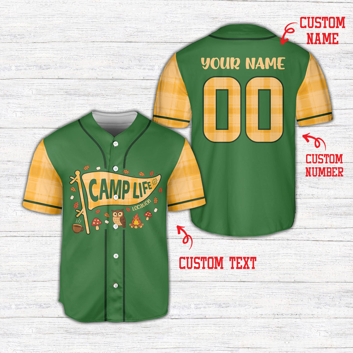 Personalized green camping baseball jersey with custom name and number, front view