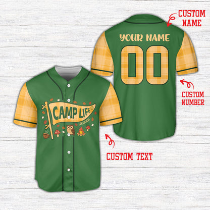 Personalized green camping baseball jersey with custom name and number, front view