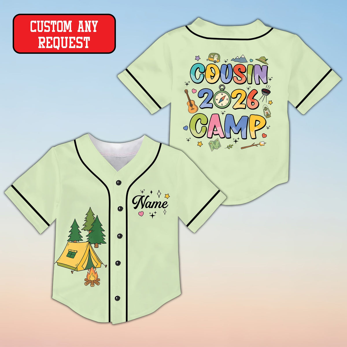 Light green personalized camping baseball jersey, front view