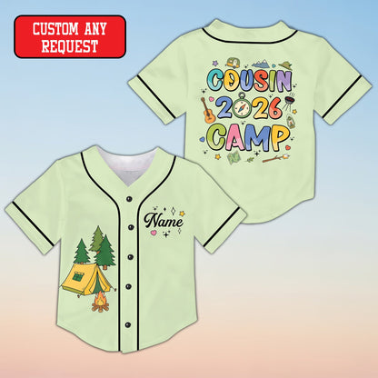 Light green personalized camping baseball jersey, front view