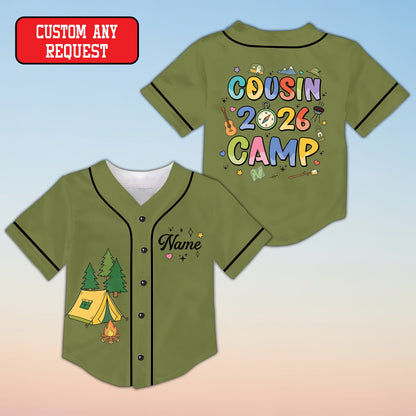 Olive green personalized baseball jersey with camping graphics, front view