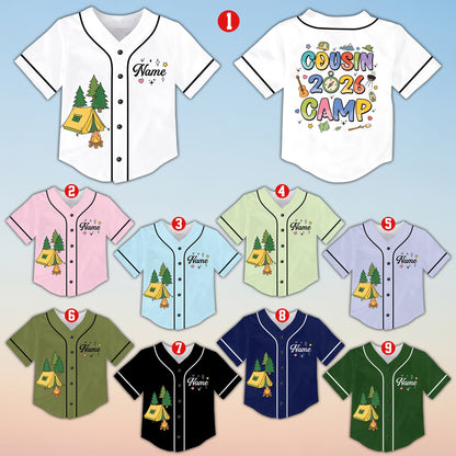 Multicolor camping baseball jersey showing front view with tent and campfire graphics