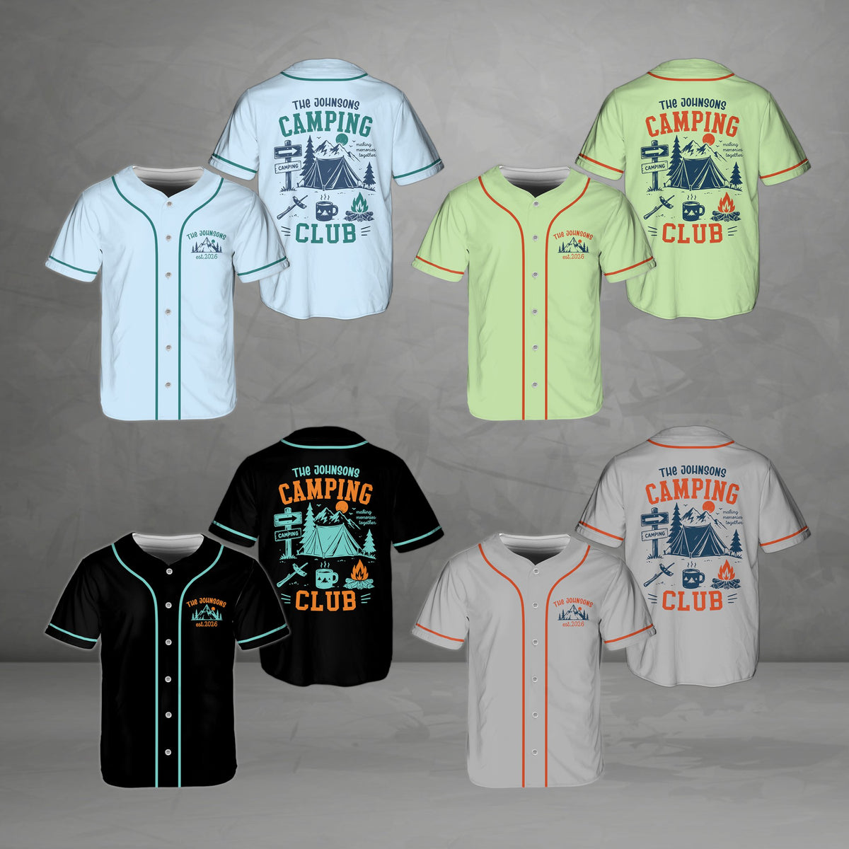Front view of the multicolor camping baseball jersey variant