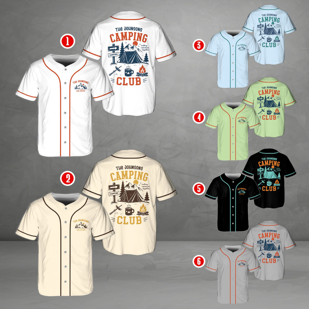 Another front view of the custom text baseball jersey featuring the camping chest logo