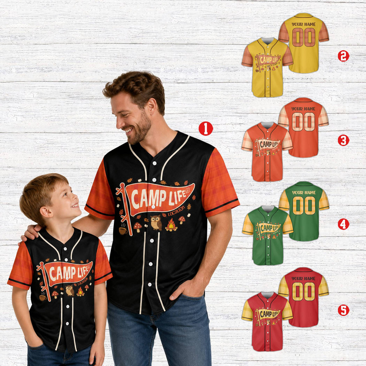 Lifestyle view of someone wearing a personalized multicolor camping baseball jersey