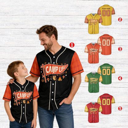 Lifestyle view of someone wearing a personalized multicolor camping baseball jersey
