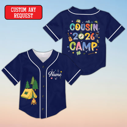 Navy blue personalized baseball jersey with outdoor theme, front view