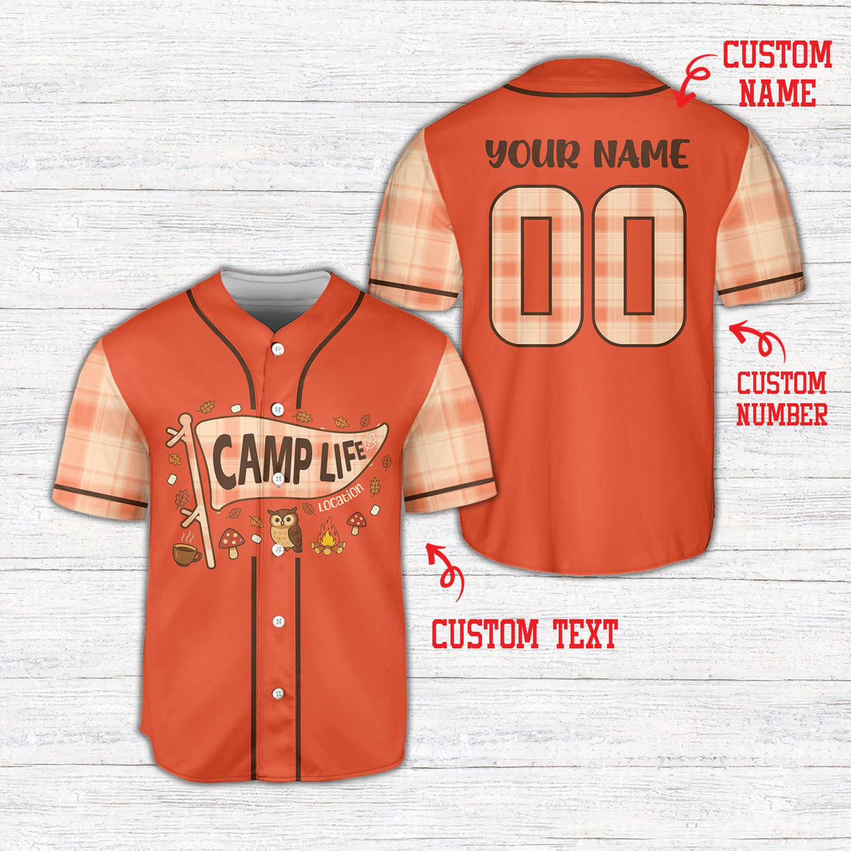 Personalized orange camping baseball jersey with custom name and number, front view