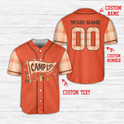 Personalized orange camping baseball jersey with custom name and number, front view