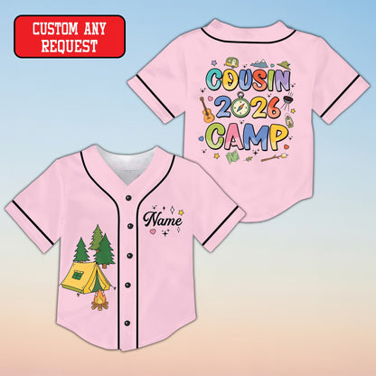 Pink personalized baseball jersey with camping theme, front view