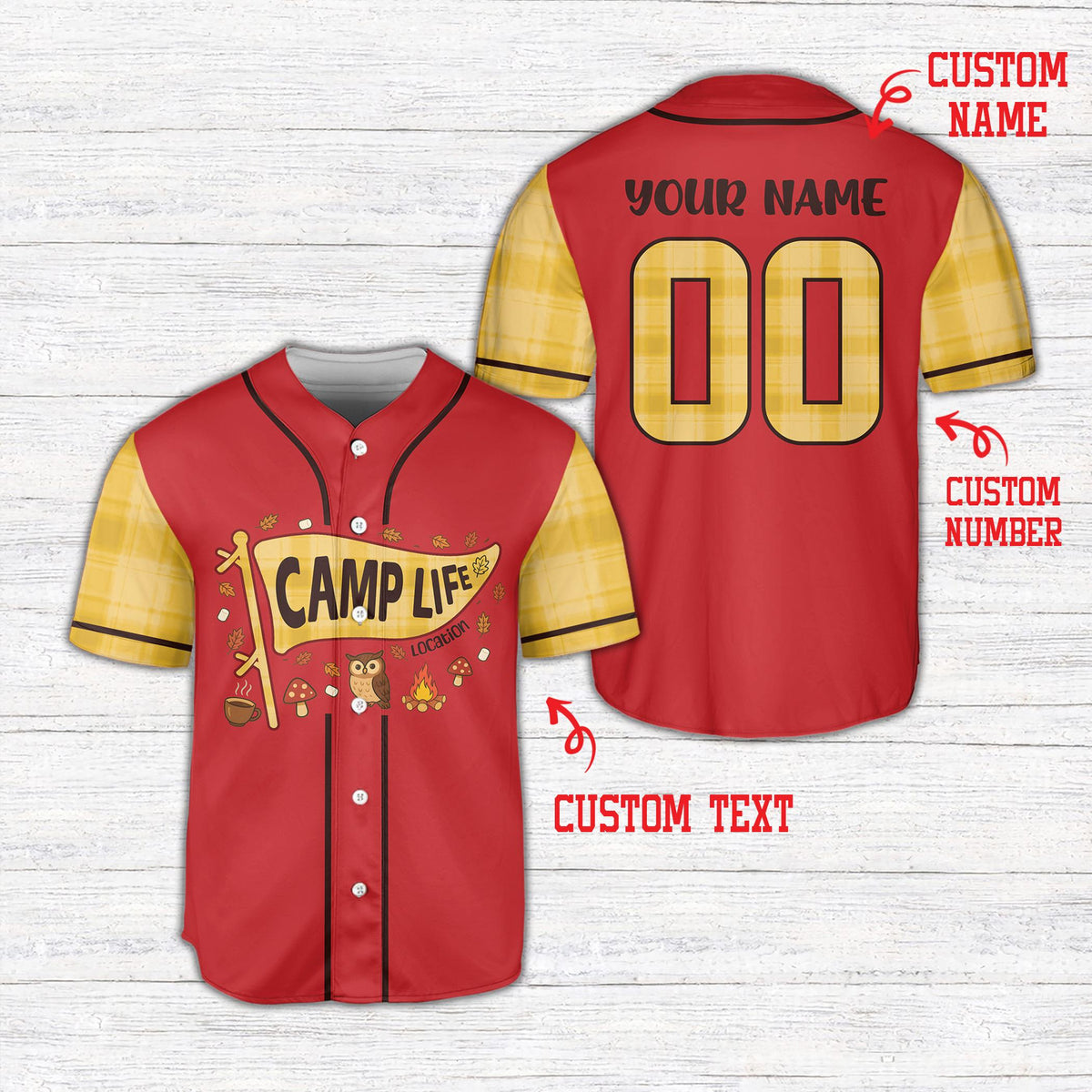 Personalized red camping baseball jersey with custom name and number, front view