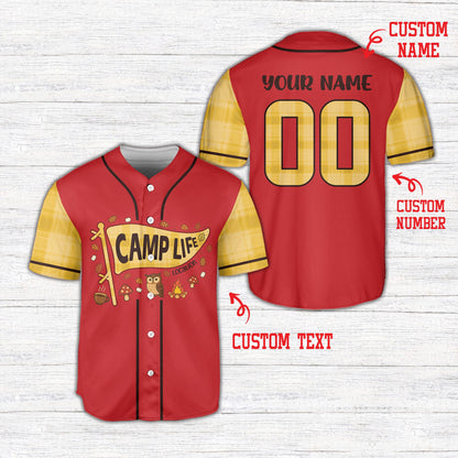 Personalized red camping baseball jersey with custom name and number, front view