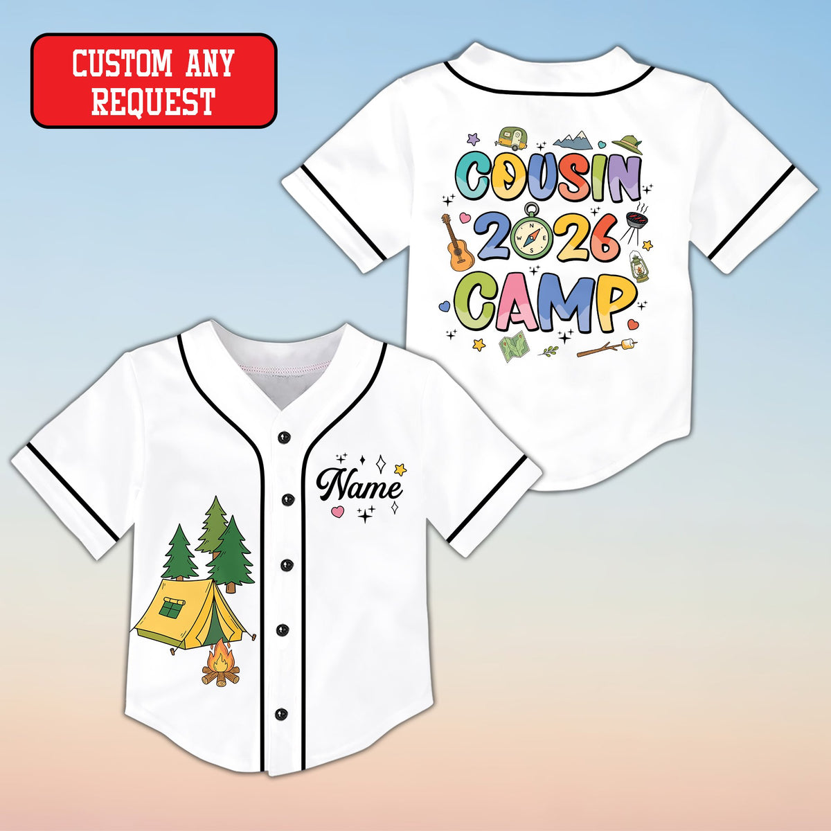 Personalized white camping baseball jersey with custom text and cousin camp design, front view