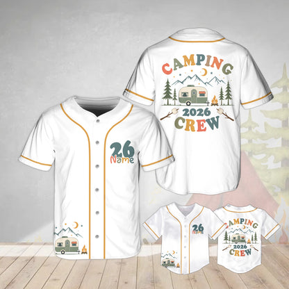 Front view of the white personalized camping baseball jersey