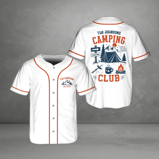 Main view of the white camping baseball jersey with custom text on the back