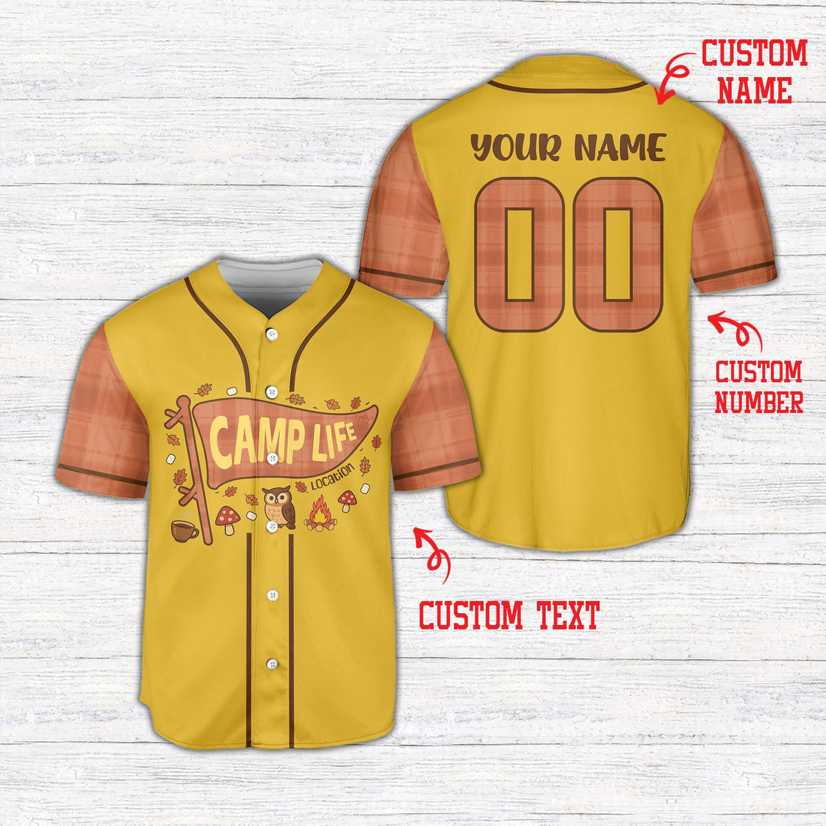 Personalized yellow camping baseball jersey with custom name and number, front view