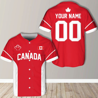 Close up front view of the personalized red and white baseball jersey