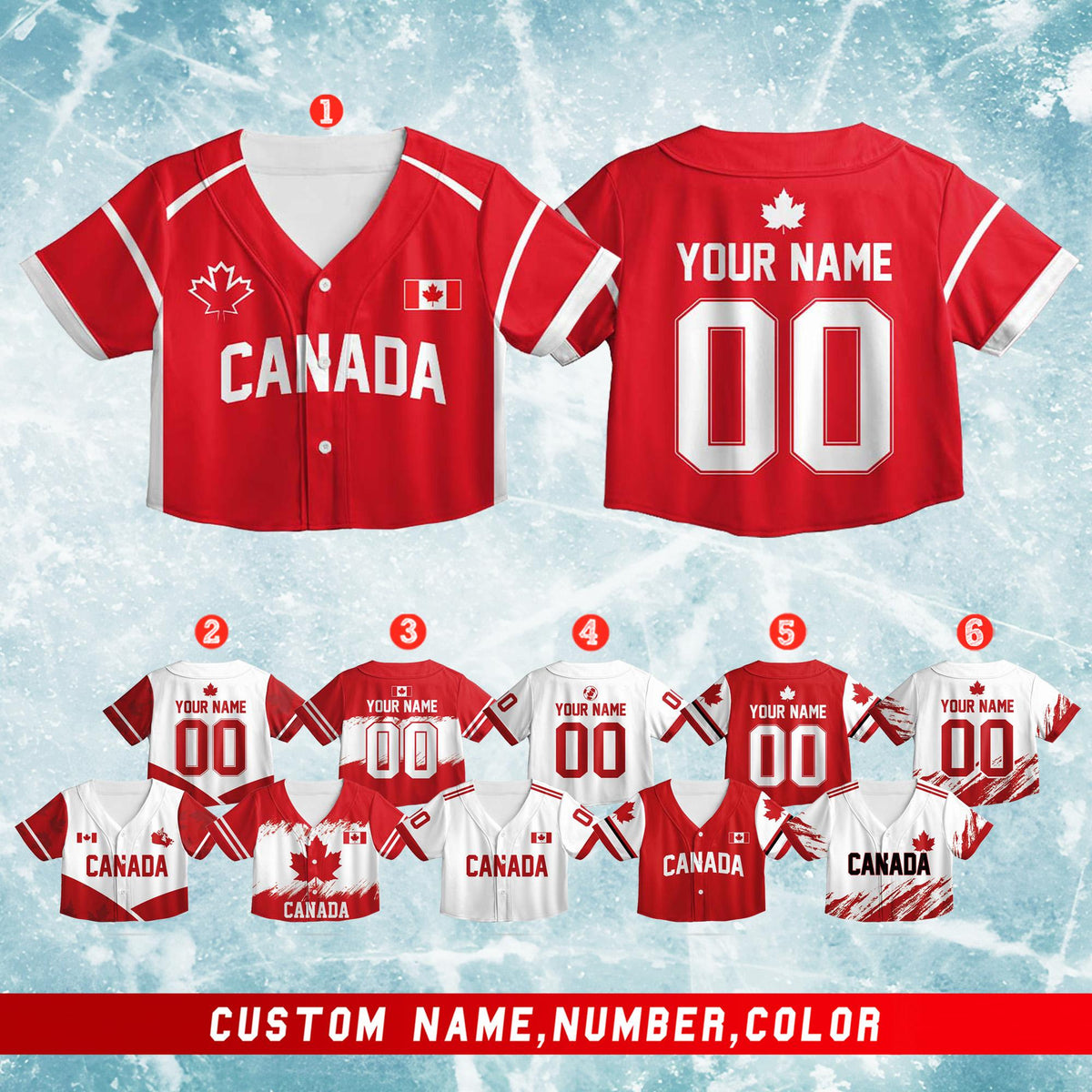 Detail front view of personalized baseball jersey with maple leaf design