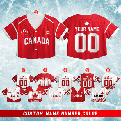 Detail front view of personalized baseball jersey with maple leaf design
