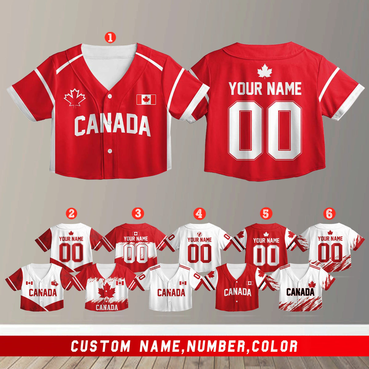 Close-up front view of custom baseball jersey in red and white