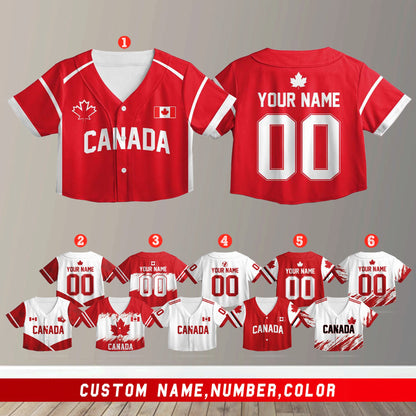 Close-up front view of custom baseball jersey in red and white