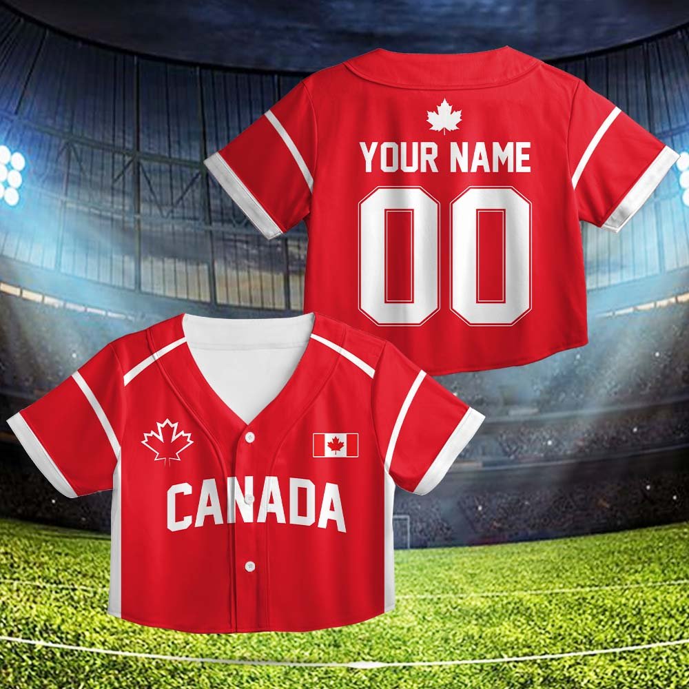 Flat front view of red and white custom baseball jersey