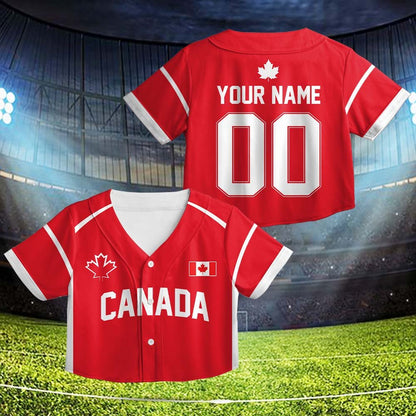 Flat front view of red and white custom baseball jersey