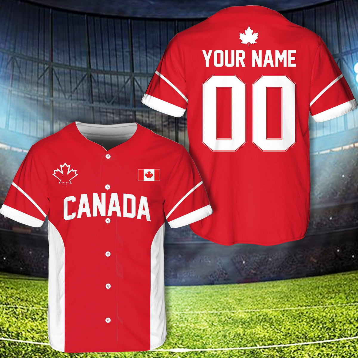 Personalized red and white baseball jersey with maple leaf graphic, main view