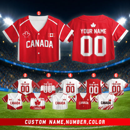 Main view of personalized baseball jersey in red and white with maple leaf motifs and custom name