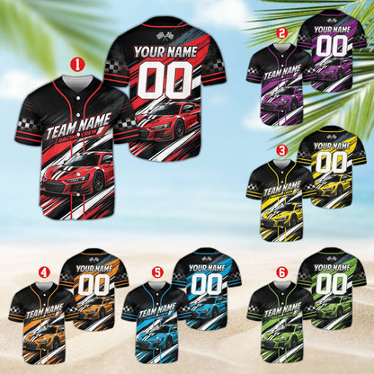 Personalized car racing baseball jersey in black, front view