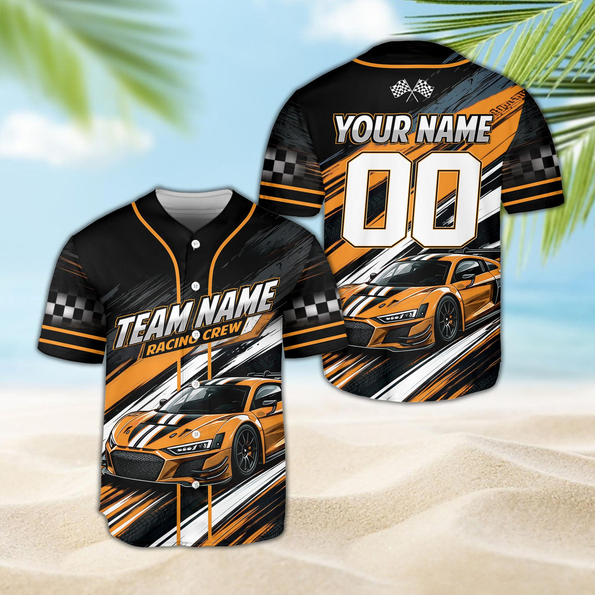 Sports car illustration on the custom baseball jersey