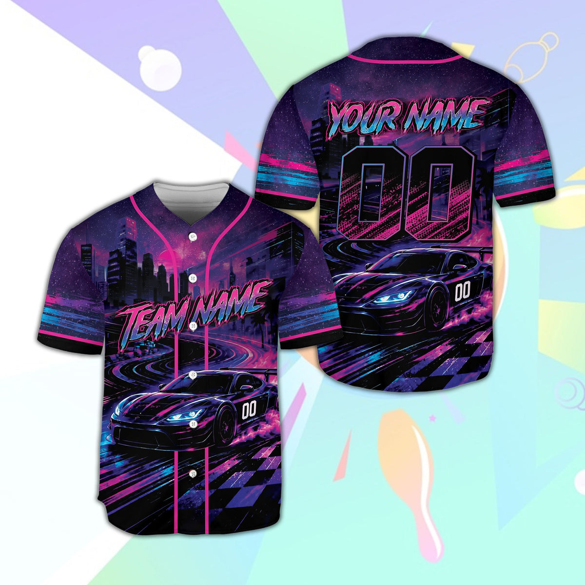 Detailed front view of the custom baseball jersey with purple and cyan synthwave accents