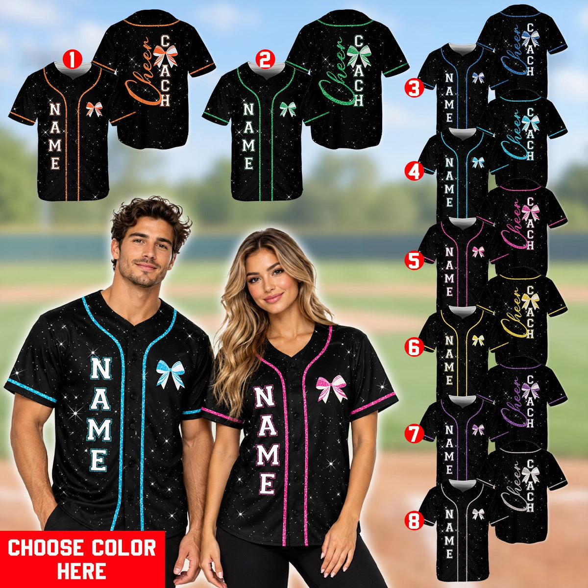 Back view of black cheer baseball jersey with yellow bow accent and custom number