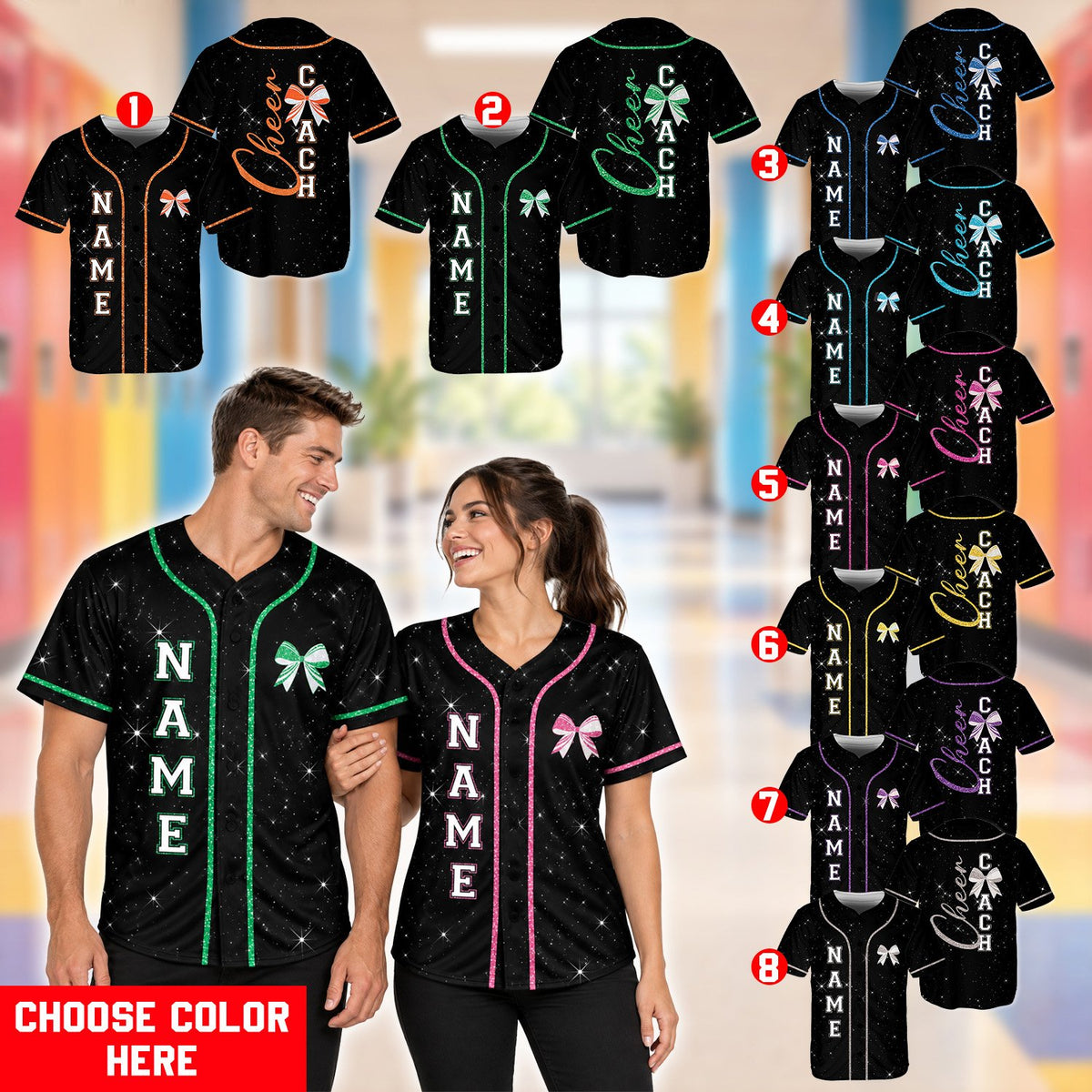 Back view of cheer coach custom baseball jersey with cyan accents