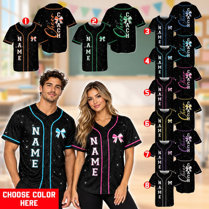 Back view of personalized baseball jersey for cheer coach with silver bow accents