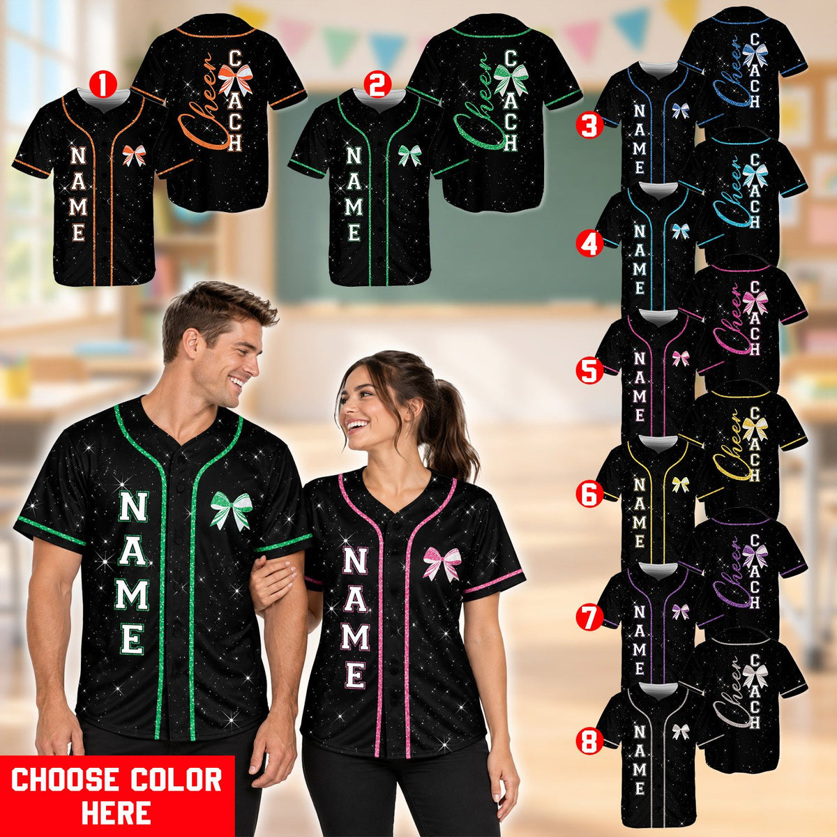 Back view of personalized cheer coach baseball jersey with green piping and bow